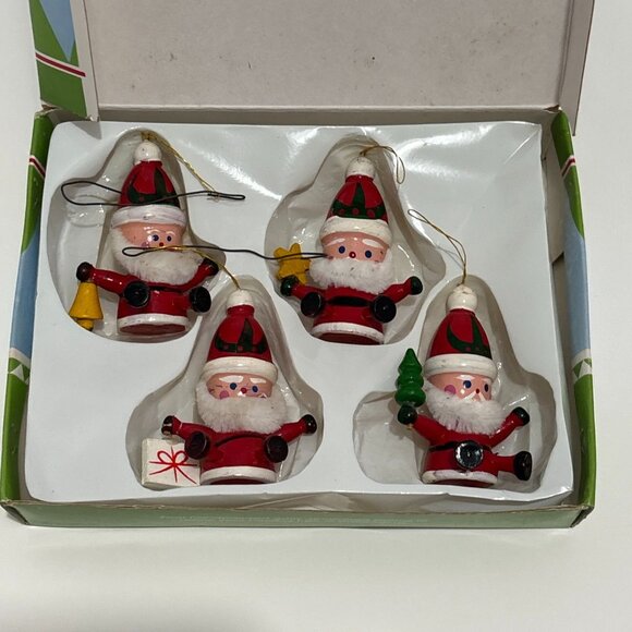 Vintage Christmas Ornament Set Wood Handcrafted 1983 Santa 4 Piece Box Tree 2.5" - Picture 12 of 16